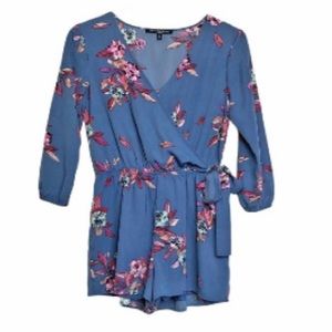 One Clothing Blue Purple Floral Faux Wrap Romper